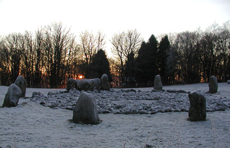 Loanhead of Daviot, recumbent stone circle, midwinter sunset. Copyright Ken Gordon